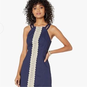 Lilly Pulitzer Fitted Navy Blue Sheath Dress with Lilly Gold Lace Size 12